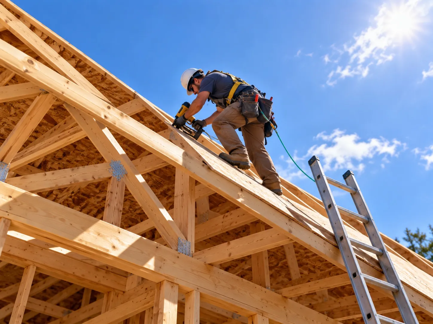 Carpenter with a nail gun working on a timber roof frame against a blue sky